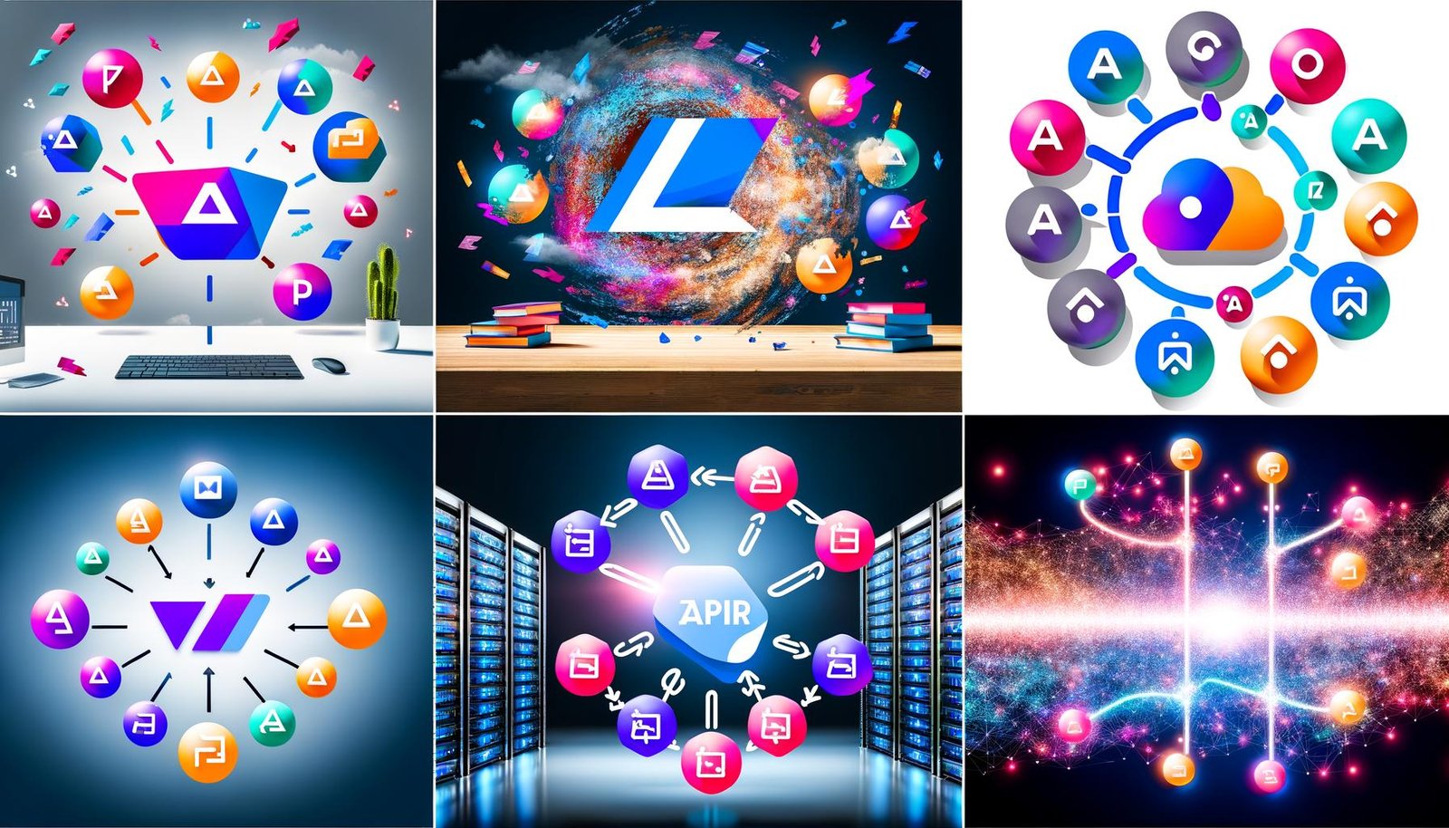 Titelbild mit buntem Schreibtisch, schwebenden Automatisierungs-Tool-Icons und aufbrechendem Zapier-Logo, daneben Infografik der Top-Zapier-Alternativen, Visualisierung von Self-Hosting, User Journey für den Migrationsprozess, Symbol für Skalierbarkeit und inspirierende Zukunftsvision der Automatisierung.