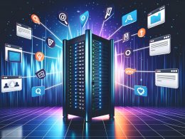 Illustration einer modernen Marketing-Agentur mit Serverrack, Proxy-Icons, Website, Analyse-Tools und abprallenden Datenschutzsymbolen in futuristischen Tech-Farben.