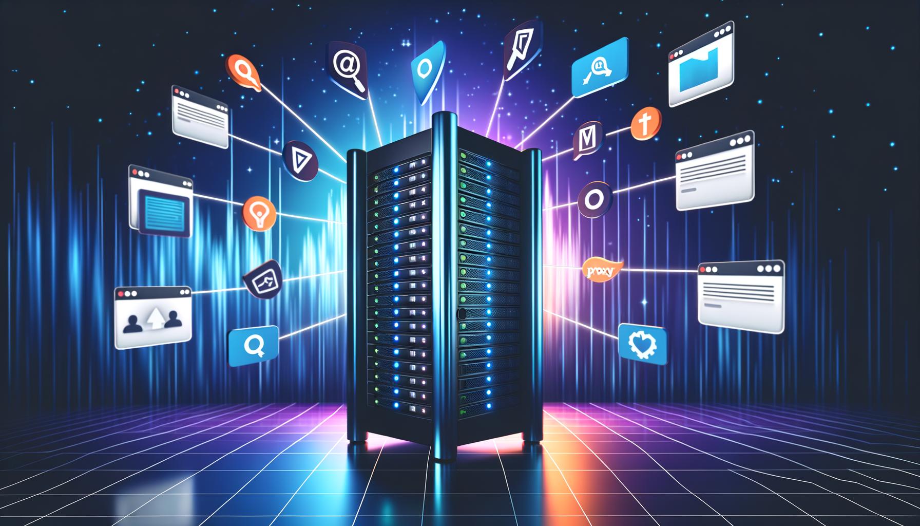 Illustration einer modernen Marketing-Agentur mit Serverrack, Proxy-Icons, Website, Analyse-Tools und abprallenden Datenschutzsymbolen in futuristischen Tech-Farben.