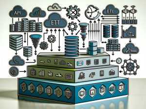 Moderne, vielschichtige Illustration eines Data Engineering Stacks mit APIs, Datenbanken, ETL/ELT, Data Lake, Data Warehouse, automatisierten Pipelines, Orchestration- und Monitoring-Elementen sowie abstrahierten Cloud- und Open Source-Logos.