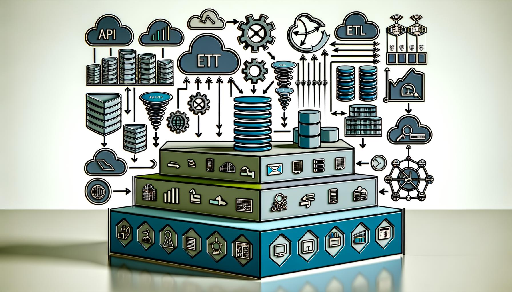 Moderne, vielschichtige Illustration eines Data Engineering Stacks mit APIs, Datenbanken, ETL/ELT, Data Lake, Data Warehouse, automatisierten Pipelines, Orchestration- und Monitoring-Elementen sowie abstrahierten Cloud- und Open Source-Logos.