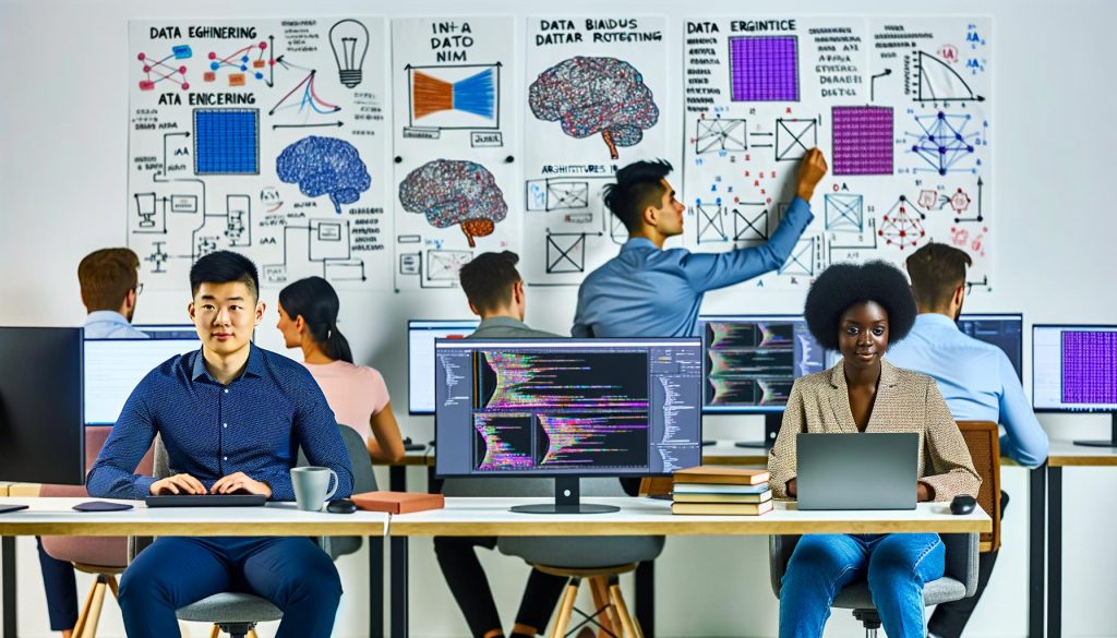 Junge Frau und Mann in moderner Büroumgebung visualisieren Deep-Learning-Modelle vor Monitoren mit Heatmaps und Programmcode, umgeben von Skizzen zu neuronalen Netzen, Datenschutz und KI-Ethik. Verschiedenste Teammitglieder arbeiten und diskutieren im Hintergrund.