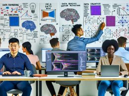 Junge Frau und Mann in moderner Büroumgebung visualisieren Deep-Learning-Modelle vor Monitoren mit Heatmaps und Programmcode, umgeben von Skizzen zu neuronalen Netzen, Datenschutz und KI-Ethik. Verschiedenste Teammitglieder arbeiten und diskutieren im Hintergrund.