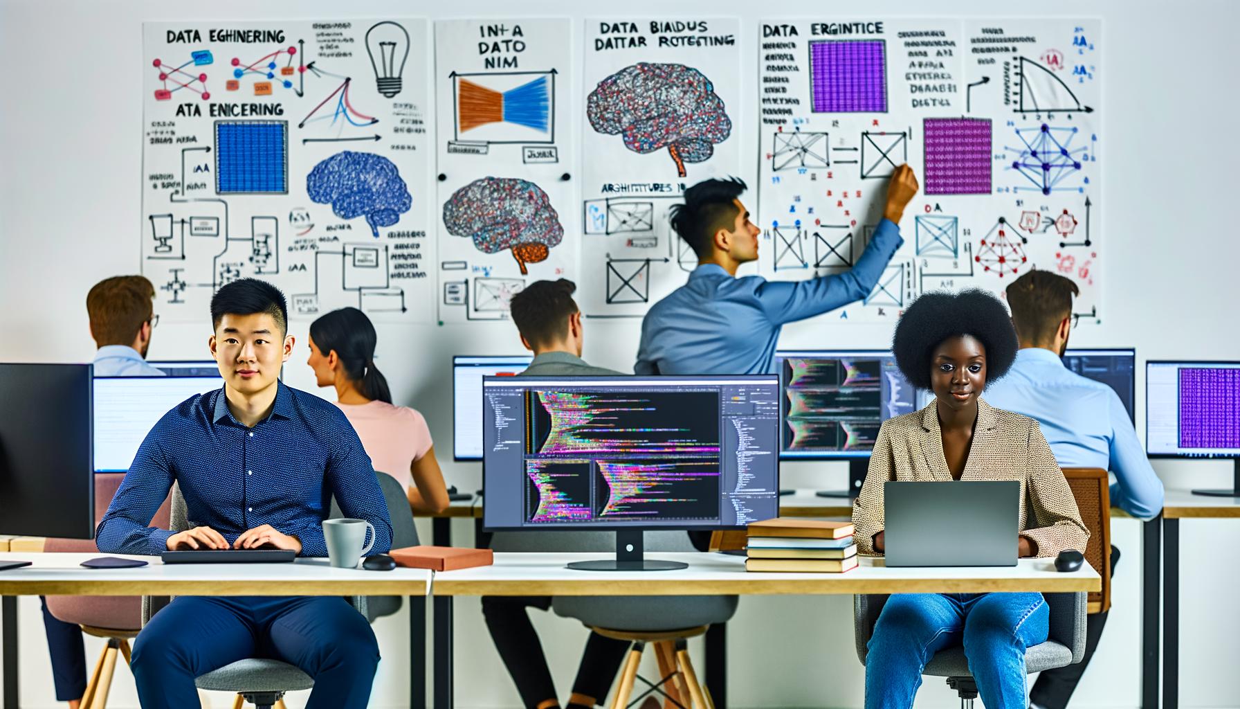 Junge Frau und Mann in moderner Büroumgebung visualisieren Deep-Learning-Modelle vor Monitoren mit Heatmaps und Programmcode, umgeben von Skizzen zu neuronalen Netzen, Datenschutz und KI-Ethik. Verschiedenste Teammitglieder arbeiten und diskutieren im Hintergrund.