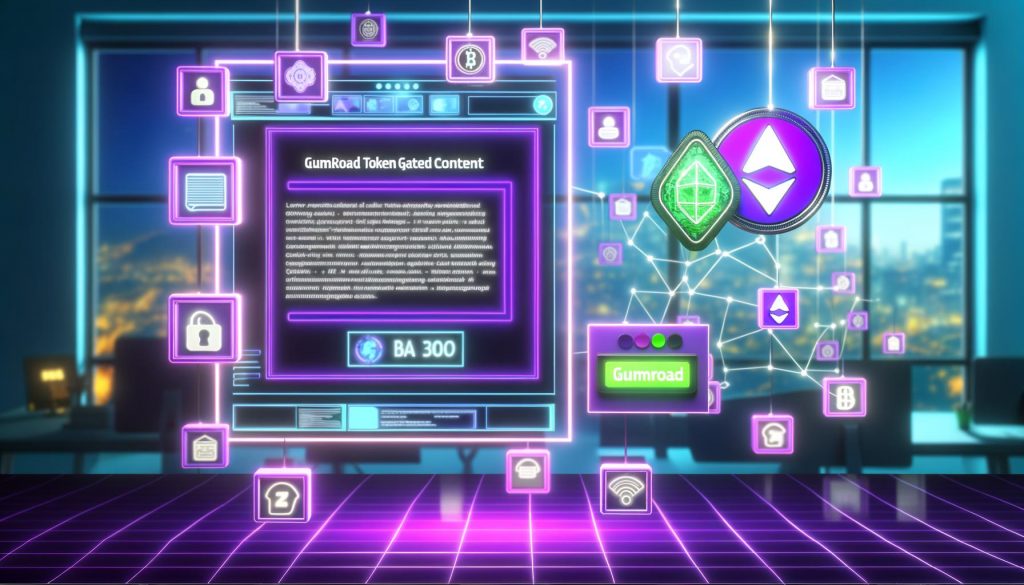 Futuristischer Arbeitsplatz mit Gumroad Dashboard, das Token-gesteuerte Inhalte zeigt. Anwender verbindet Krypto-Wallet, NFT-Symbol über Blockchain-Raster, Web3-Icons und Smart Contract-Code sichtbar.