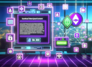 Futuristischer Arbeitsplatz mit Gumroad Dashboard, das Token-gesteuerte Inhalte zeigt. Anwender verbindet Krypto-Wallet, NFT-Symbol über Blockchain-Raster, Web3-Icons und Smart Contract-Code sichtbar.