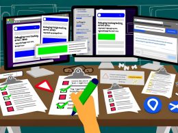 Moderner Arbeitsplatz mit drei Monitoren voller Analytics-Fehlermeldungen, doppelte Pageview-Warnungen, Consent-Banner, Notizblätter und Debugging-Tools, Hand mit grünem Stift markiert Bildschirmbereich.