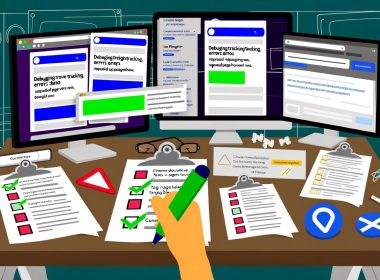 Moderner Arbeitsplatz mit drei Monitoren voller Analytics-Fehlermeldungen, doppelte Pageview-Warnungen, Consent-Banner, Notizblätter und Debugging-Tools, Hand mit grünem Stift markiert Bildschirmbereich.