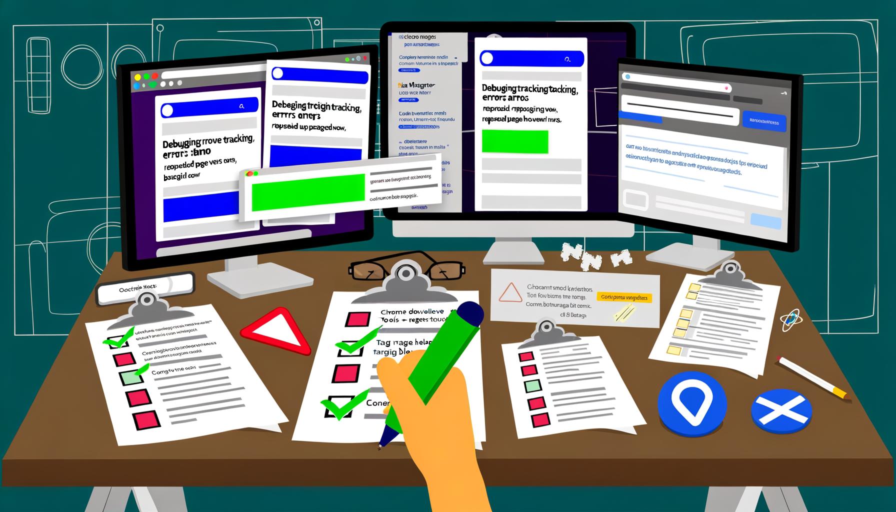 Moderner Arbeitsplatz mit drei Monitoren voller Analytics-Fehlermeldungen, doppelte Pageview-Warnungen, Consent-Banner, Notizblätter und Debugging-Tools, Hand mit grünem Stift markiert Bildschirmbereich.