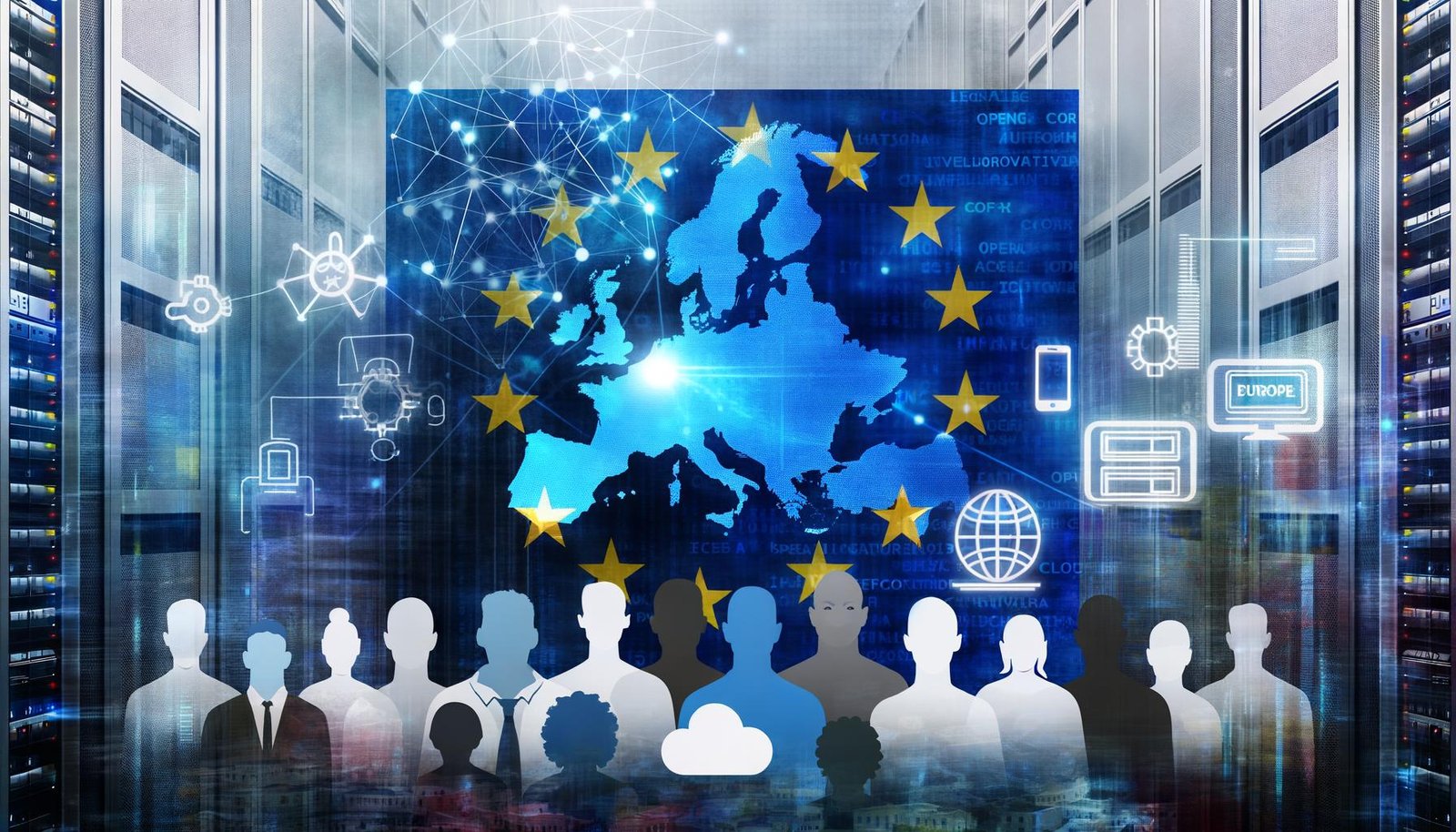 Symbolisches Titelbild zu digitaler Souveränität in Europa mit transparenter Europa-Karte, Datenströmen, Menschen und Icons für Open Source sowie Cloud vor abstrahierten Servern und Aktentürmen.