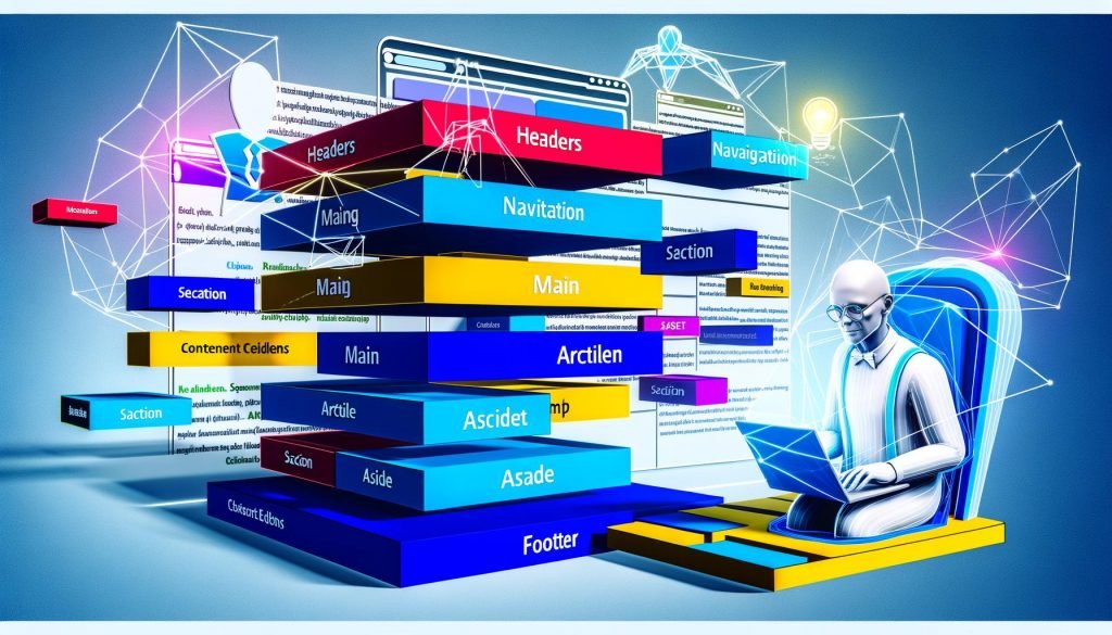 Stilisierter Redakteur mit Laptop strukturiert farbige HTML5-Elemente in einer Website-Architektur, während Google- und KI-Crawler im Hintergrund agieren.