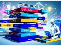 Stilisierter Redakteur mit Laptop strukturiert farbige HTML5-Elemente in einer Website-Architektur, während Google- und KI-Crawler im Hintergrund agieren.