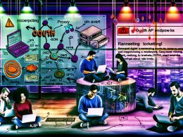 Illustration eines Teams von Digital-Marketing-Profis und Hackern in futuristischer Umgebung mit mehreren Bildschirmen, die API-Workflows, Netzwerküberwachung und technisches Chaos zeigen.