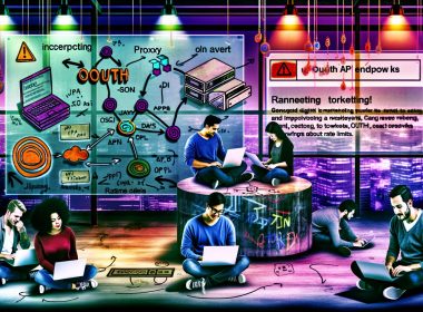 Illustration eines Teams von Digital-Marketing-Profis und Hackern in futuristischer Umgebung mit mehreren Bildschirmen, die API-Workflows, Netzwerküberwachung und technisches Chaos zeigen.