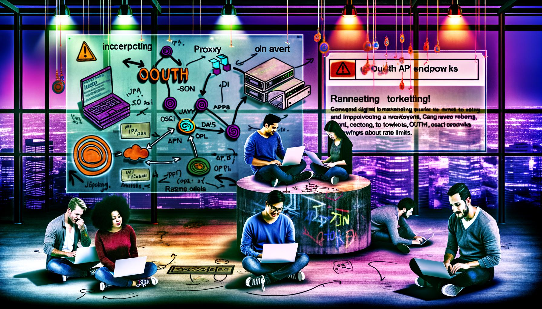 Illustration eines Teams von Digital-Marketing-Profis und Hackern in futuristischer Umgebung mit mehreren Bildschirmen, die API-Workflows, Netzwerküberwachung und technisches Chaos zeigen.