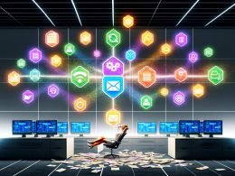 Marketerin in modernem, hellem Büro mit Bildschirmen voller bunter Tool-Icons und leuchtenden Linien, die automatisierte Workflows zwischen Apps darstellen.