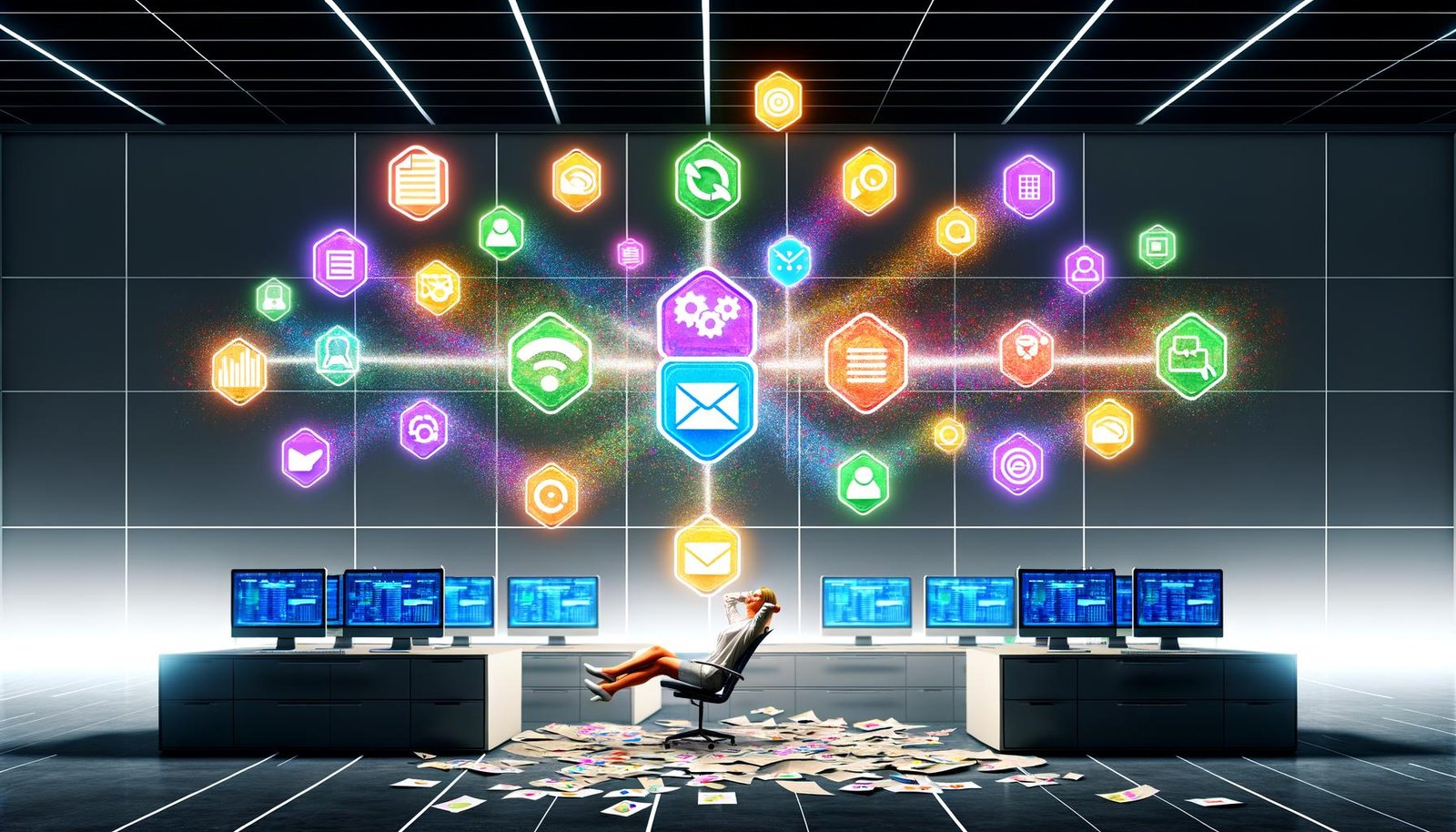 Marketerin in modernem, hellem Büro mit Bildschirmen voller bunter Tool-Icons und leuchtenden Linien, die automatisierte Workflows zwischen Apps darstellen.