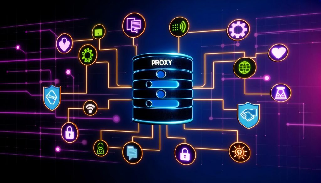 Illustration eines Proxy-Servers als Knotenpunkt moderner Website-Infrastruktur. Links fließen Datenpakete von Usern und Geräten ein, rechts werden anonymisierte Ströme an Analyse-Tools und Data Warehouses ausgegeben. Darüber Icons für Datenschutz und Consent-Management, alles im Neon-Tech-Stil.