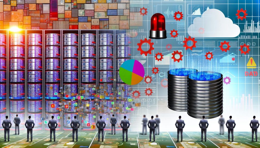 Überfüllter, chaotischer Datenraum mit Datensilos, ratlosen Menschen vor Dashboards und einer roten Warnlampe, daneben ein geordneter Datenfluss als Symbol für optimierte Data Engineering Strategie