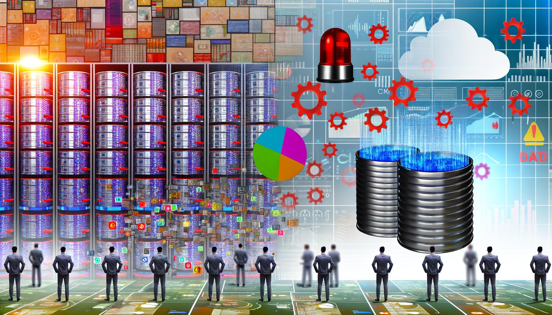 Überfüllter, chaotischer Datenraum mit Datensilos, ratlosen Menschen vor Dashboards und einer roten Warnlampe, daneben ein geordneter Datenfluss als Symbol für optimierte Data Engineering Strategie