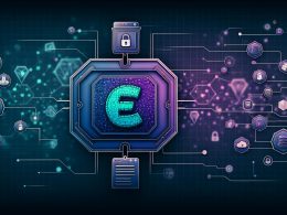 Moderne Illustration einer digitalen Schaltzentrale mit Gumroad-Logo, Blockchain-Symbolen, Wallet-Icons, Smart Contract-Dokumenten, API-Verbindungen und Sicherheitsschlössern, dargestellt in dunklem Blau und Violett mit Neon-Akzenten.