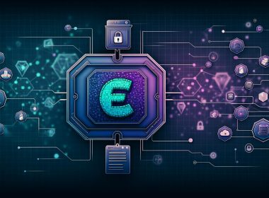 Moderne Illustration einer digitalen Schaltzentrale mit Gumroad-Logo, Blockchain-Symbolen, Wallet-Icons, Smart Contract-Dokumenten, API-Verbindungen und Sicherheitsschlössern, dargestellt in dunklem Blau und Violett mit Neon-Akzenten.