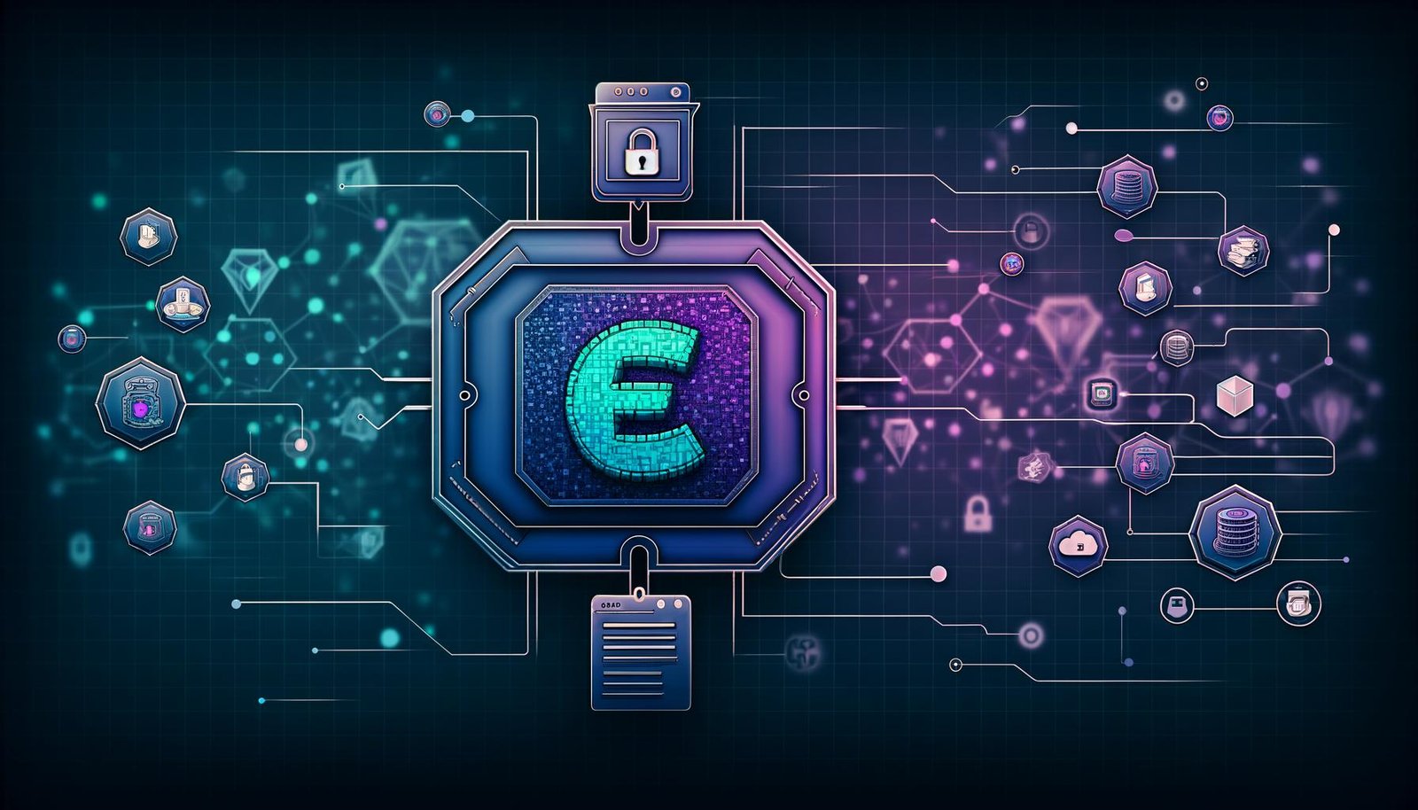 Moderne Illustration einer digitalen Schaltzentrale mit Gumroad-Logo, Blockchain-Symbolen, Wallet-Icons, Smart Contract-Dokumenten, API-Verbindungen und Sicherheitsschlössern, dargestellt in dunklem Blau und Violett mit Neon-Akzenten.