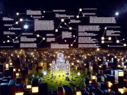 Futuristische digitale Stadtlandschaft bei Nacht mit leuchtenden Netzwerkknoten, Codeschnipseln und Googlebot-Robotern, die strukturierte Inhalte für sichtbare Suchergebnis-Features analysieren.