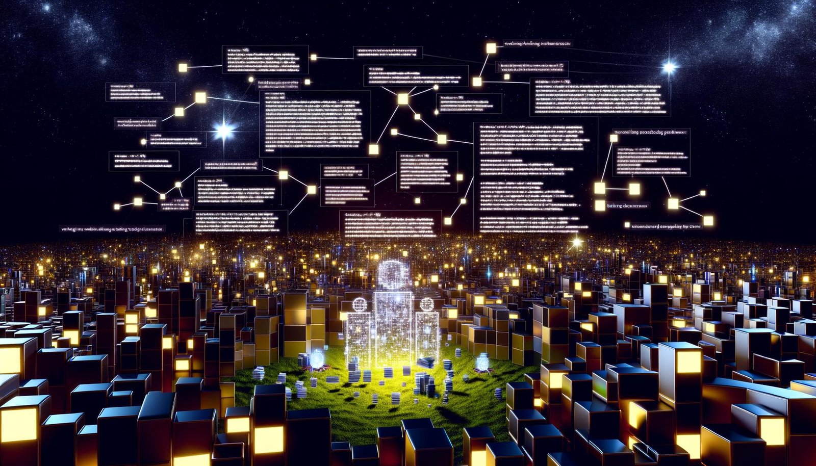 Futuristische digitale Stadtlandschaft bei Nacht mit leuchtenden Netzwerkknoten, Codeschnipseln und Googlebot-Robotern, die strukturierte Inhalte für sichtbare Suchergebnis-Features analysieren.