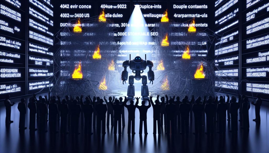 Futuristischer Serverraum mit großem Tron-ähnlichem Googlebot vor kaputten Webseiten, brennenden Dollarzeichen und genervten SEO-Experten, während eine kleine Gruppe ihren Ranking-Erfolg im Hintergrund feiert.