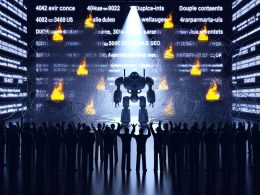 Futuristischer Serverraum mit großem Tron-ähnlichem Googlebot vor kaputten Webseiten, brennenden Dollarzeichen und genervten SEO-Experten, während eine kleine Gruppe ihren Ranking-Erfolg im Hintergrund feiert.