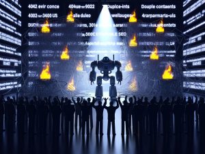 Futuristischer Serverraum mit großem Tron-ähnlichem Googlebot vor kaputten Webseiten, brennenden Dollarzeichen und genervten SEO-Experten, während eine kleine Gruppe ihren Ranking-Erfolg im Hintergrund feiert.