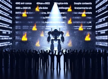 Futuristischer Serverraum mit großem Tron-ähnlichem Googlebot vor kaputten Webseiten, brennenden Dollarzeichen und genervten SEO-Experten, während eine kleine Gruppe ihren Ranking-Erfolg im Hintergrund feiert.