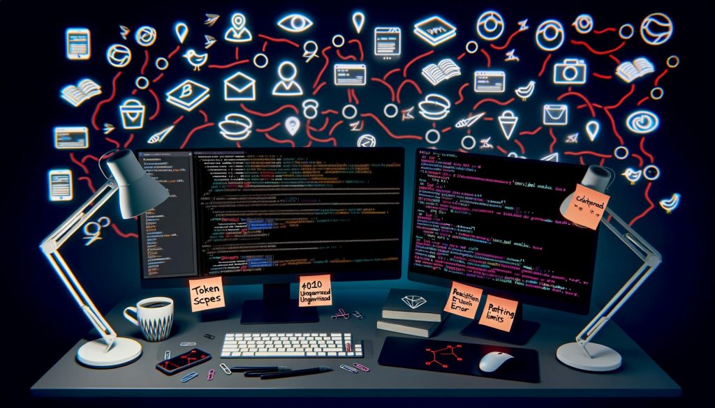 Aufgeräumter Entwicklerarbeitsplatz mit drei Monitoren, API-Dokumentation, Postman, Echtzeit-Fehlermeldungen und Social-Media-Icons, die durch Code-Zeilen verbunden sind.