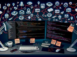 Aufgeräumter Entwicklerarbeitsplatz mit drei Monitoren, API-Dokumentation, Postman, Echtzeit-Fehlermeldungen und Social-Media-Icons, die durch Code-Zeilen verbunden sind.