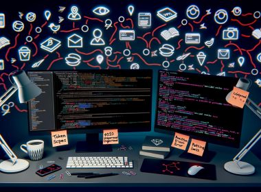 Aufgeräumter Entwicklerarbeitsplatz mit drei Monitoren, API-Dokumentation, Postman, Echtzeit-Fehlermeldungen und Social-Media-Icons, die durch Code-Zeilen verbunden sind.