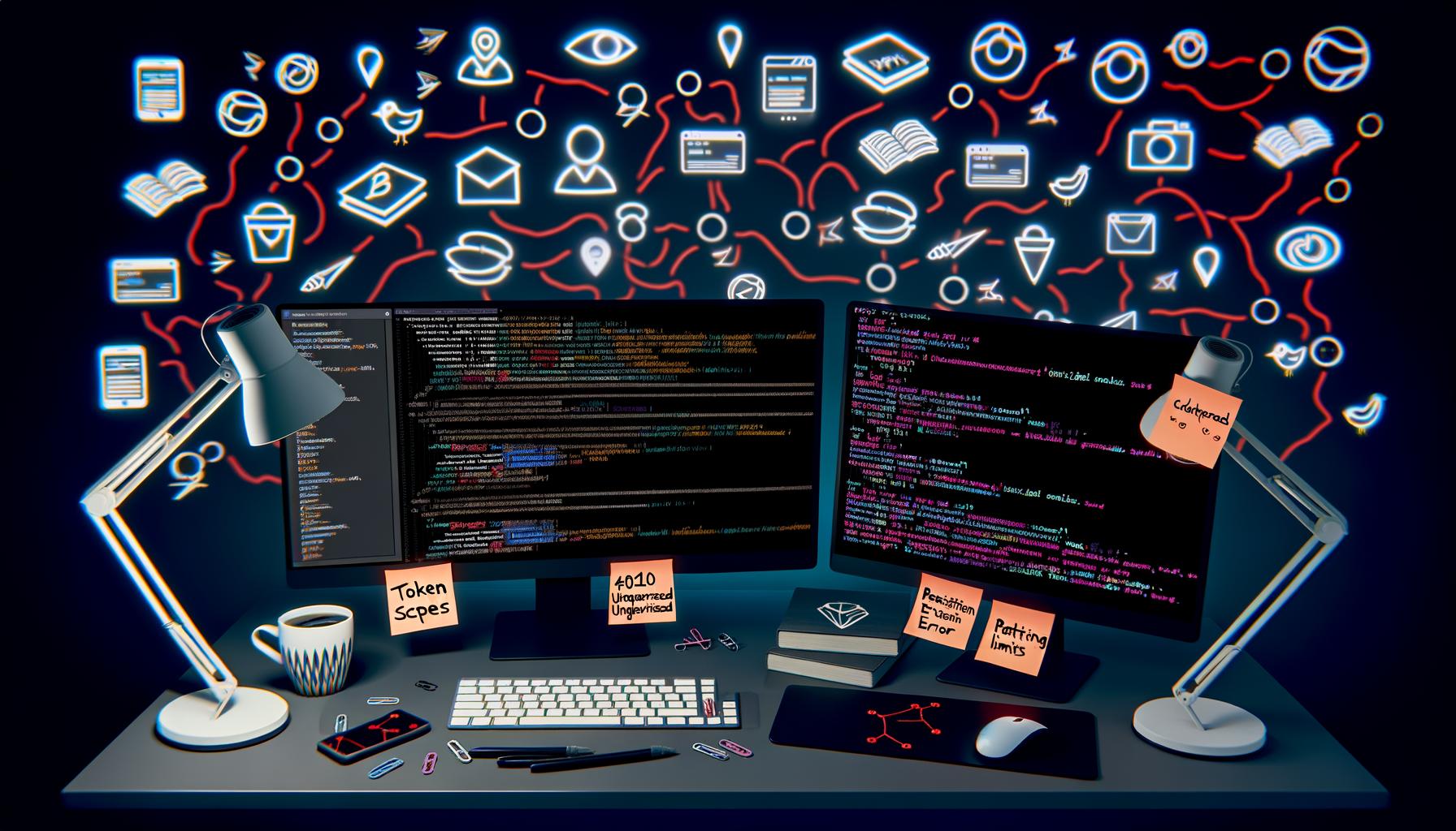 Aufgeräumter Entwicklerarbeitsplatz mit drei Monitoren, API-Dokumentation, Postman, Echtzeit-Fehlermeldungen und Social-Media-Icons, die durch Code-Zeilen verbunden sind.