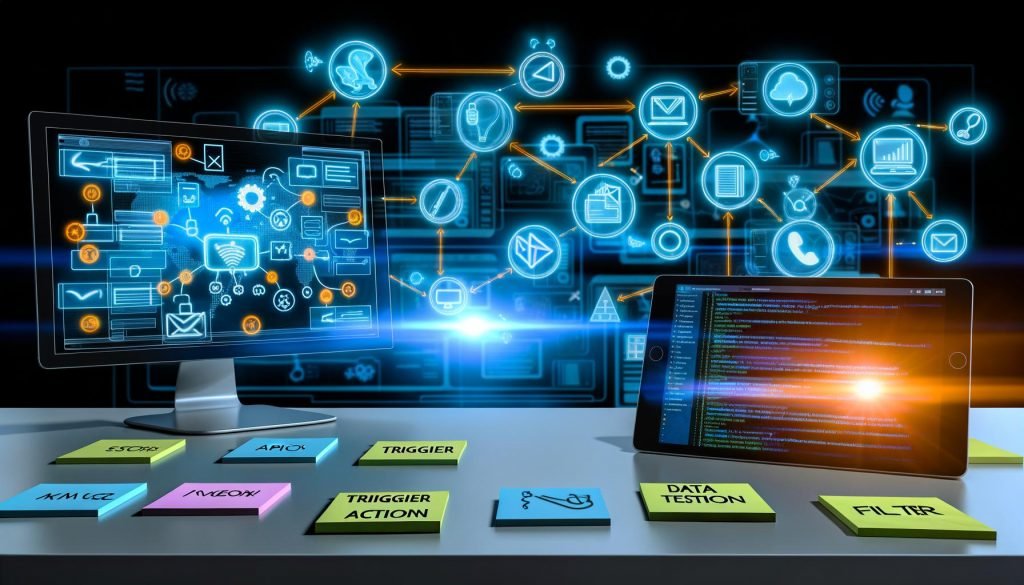 Modernes digitales Büro mit Zapier-Dashboard, CRM-System, Slack-Benachrichtigung und schwebenden API- sowie Automatisierungssymbolen