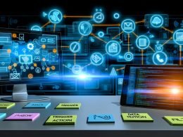 Modernes digitales Büro mit Zapier-Dashboard, CRM-System, Slack-Benachrichtigung und schwebenden API- sowie Automatisierungssymbolen