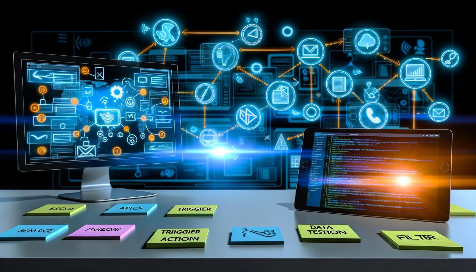 Modernes digitales Büro mit Zapier-Dashboard, CRM-System, Slack-Benachrichtigung und schwebenden API- sowie Automatisierungssymbolen