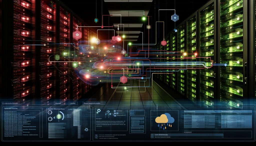 Visualisierung eines modernen Datenzentrums mit beleuchtetem Dashboard, mehrfarbigen Datenpipelines und symbolischen Data Engineering Tools im Vordergrund. Im Hintergrund Kabelstränge und leuchtende Prozessoren als Metapher für automatisierte, skalierbare Datenarchitekturen.