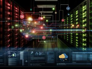 Visualisierung eines modernen Datenzentrums mit beleuchtetem Dashboard, mehrfarbigen Datenpipelines und symbolischen Data Engineering Tools im Vordergrund. Im Hintergrund Kabelstränge und leuchtende Prozessoren als Metapher für automatisierte, skalierbare Datenarchitekturen.