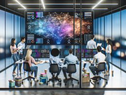 Modernes, diverses KI-Team arbeitet konzentriert in offenem High-Tech-Büroraum mit Glaswänden, neuronalen Netzwerken auf Monitoren und futuristischen Datenstrom-Visualisierungen.