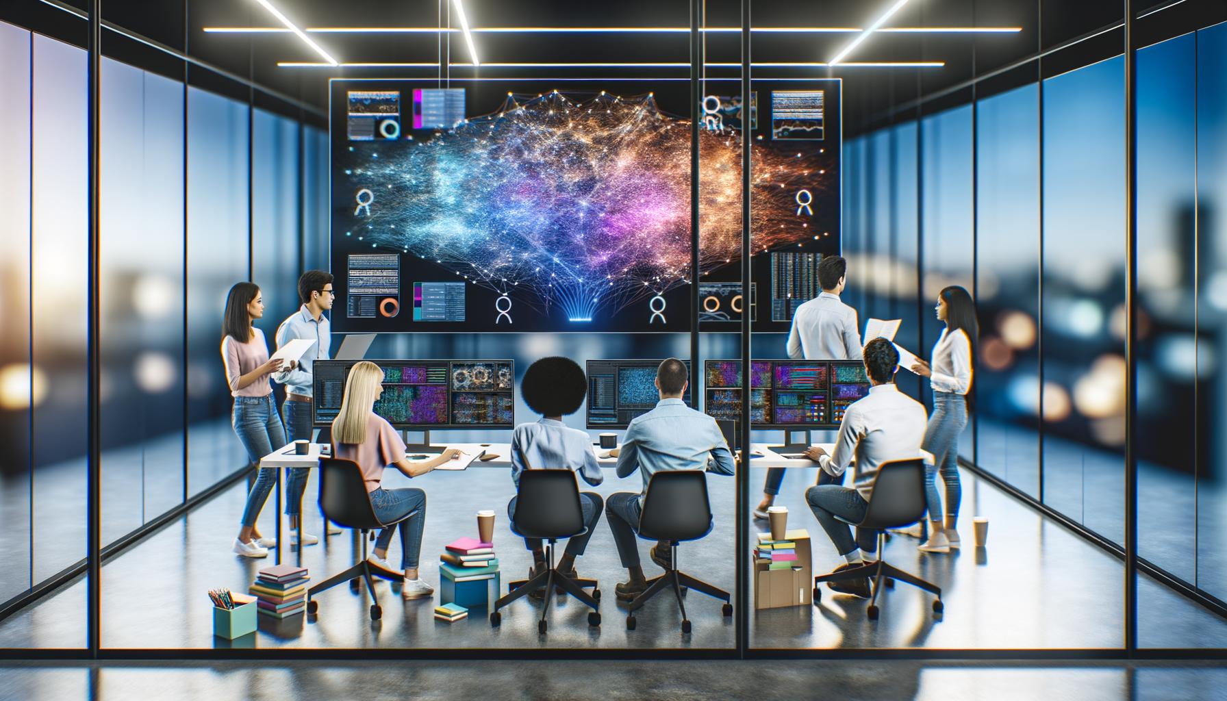 Modernes, diverses KI-Team arbeitet konzentriert in offenem High-Tech-Büroraum mit Glaswänden, neuronalen Netzwerken auf Monitoren und futuristischen Datenstrom-Visualisierungen.
