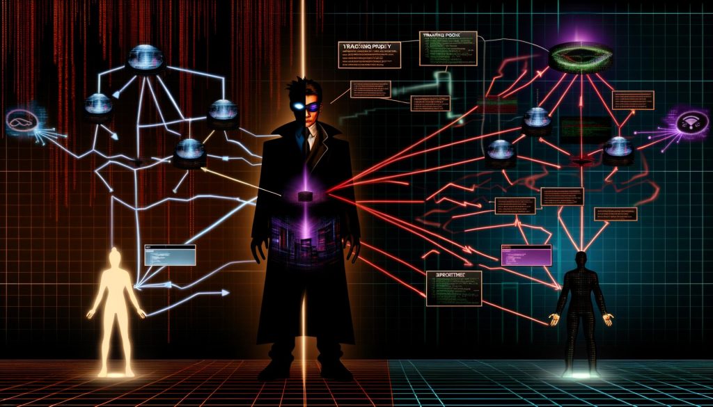 Collage mit Szenen zu Tracking-Proxies, CNAME Cloaking, Header-Manipulation und Datenschutzfallen: Schattenkrieger kontrolliert Datenströme, Proxy-Netzwerkdiagramm, DNS-Setup mit CNAME, manipulierte HTTP-Header, Schritt-für-Schritt-Test und ironisches Cookie-Banner mit Tracking-Proxy.