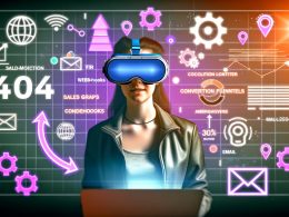 Junger Marketer mit VR-Brille und Laptop, umgeben von digitalen Verkaufsgrafen, Conversion-Funnel und Techniksymbolen vor schemenhafter Gumroad-Oberfläche.