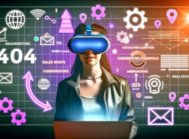 Junger Marketer mit VR-Brille und Laptop, umgeben von digitalen Verkaufsgrafen, Conversion-Funnel und Techniksymbolen vor schemenhafter Gumroad-Oberfläche.