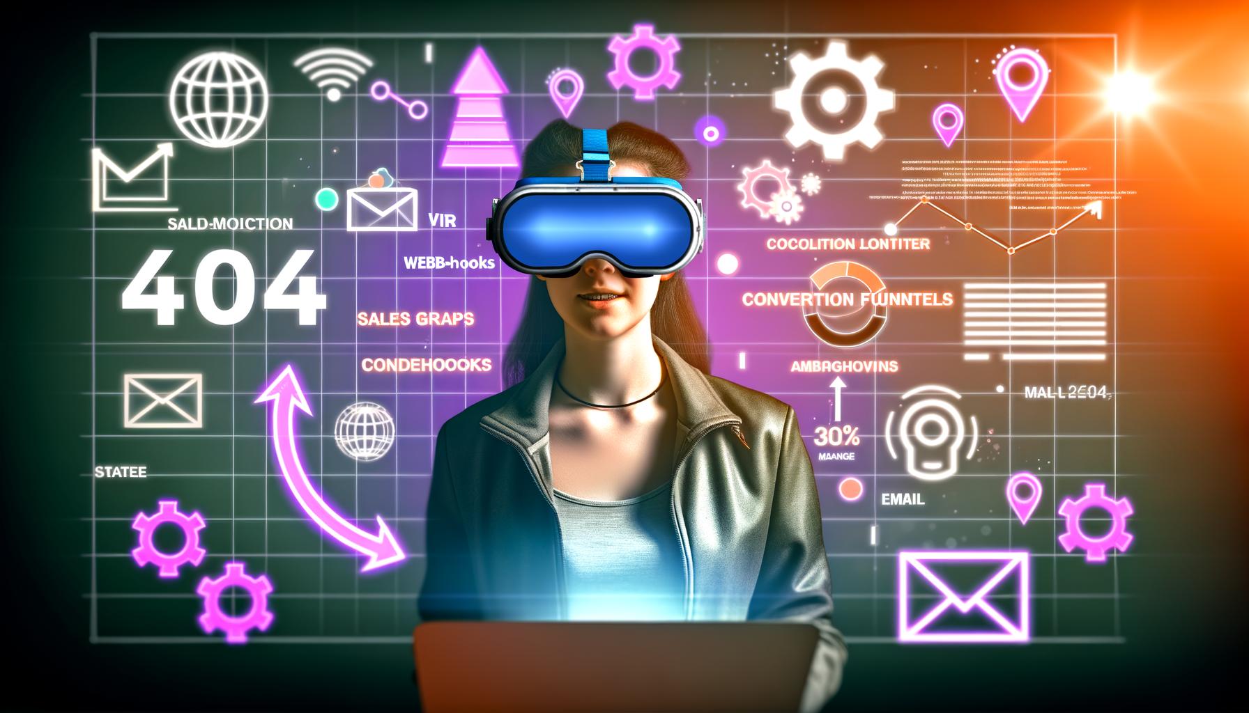 Junger Marketer mit VR-Brille und Laptop, umgeben von digitalen Verkaufsgrafen, Conversion-Funnel und Techniksymbolen vor schemenhafter Gumroad-Oberfläche.