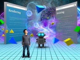 Moderner SEO-Experte steht verwirrt vor den Hürden 'Rendering' und 'Indexing' auf animierter JavaScript-Website, während ein Googlebot im Hintergrund nur Teile des Inhalts wahrnimmt.