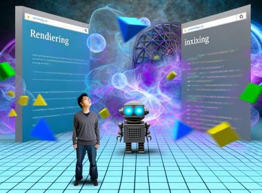 Moderner SEO-Experte steht verwirrt vor den Hürden 'Rendering' und 'Indexing' auf animierter JavaScript-Website, während ein Googlebot im Hintergrund nur Teile des Inhalts wahrnimmt.